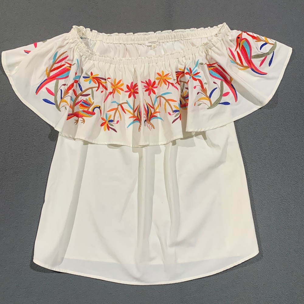 Chic Soul Blouse Womens XL White Embroidered Floral Bird Off Shoulder Boho Top